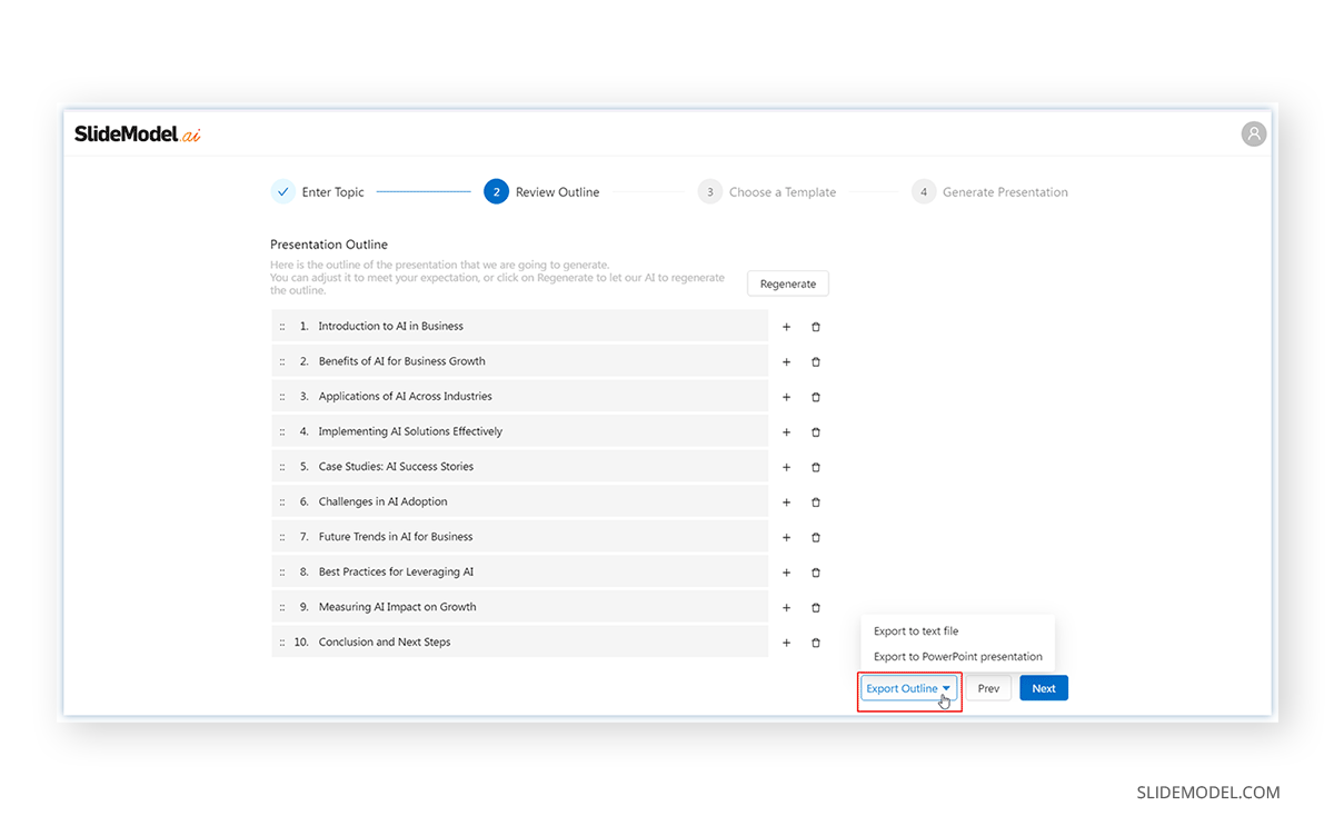 How to export slide outline from SlideModel AI