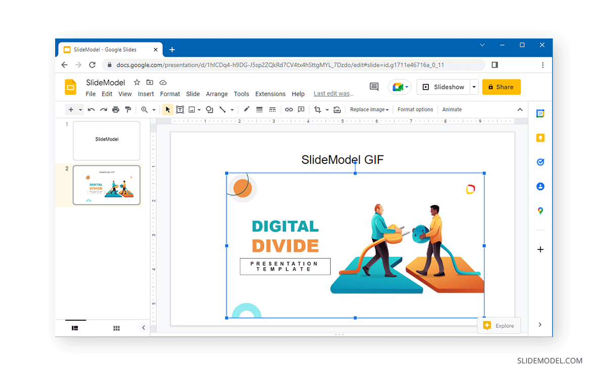 end result of inserting a GIF from Google Drive into Google Slides