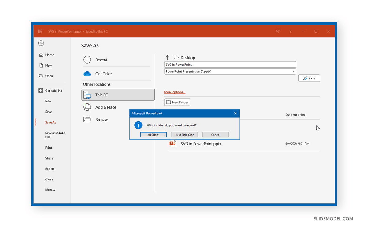 Export one slide or the entire slide deck option in PowerPoint