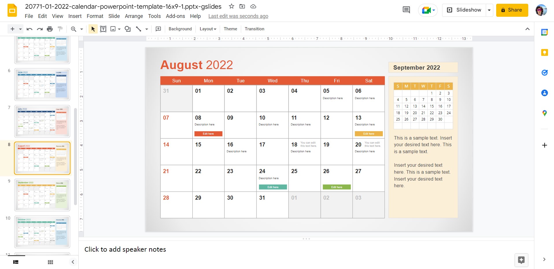 a calendar template in Google Slides