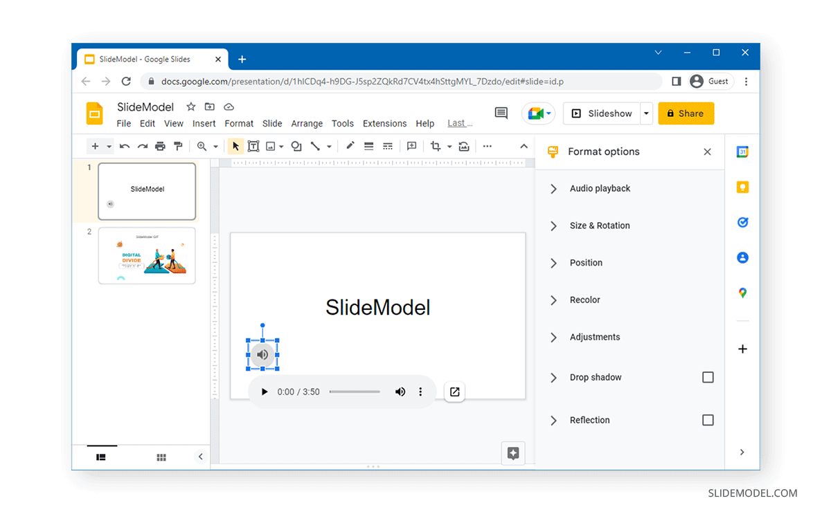 Adjust audio in Google Slides using Format Options