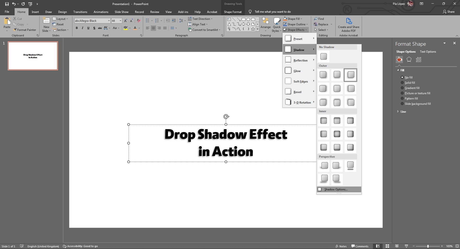 Finding Shadow Options in PowerPoint