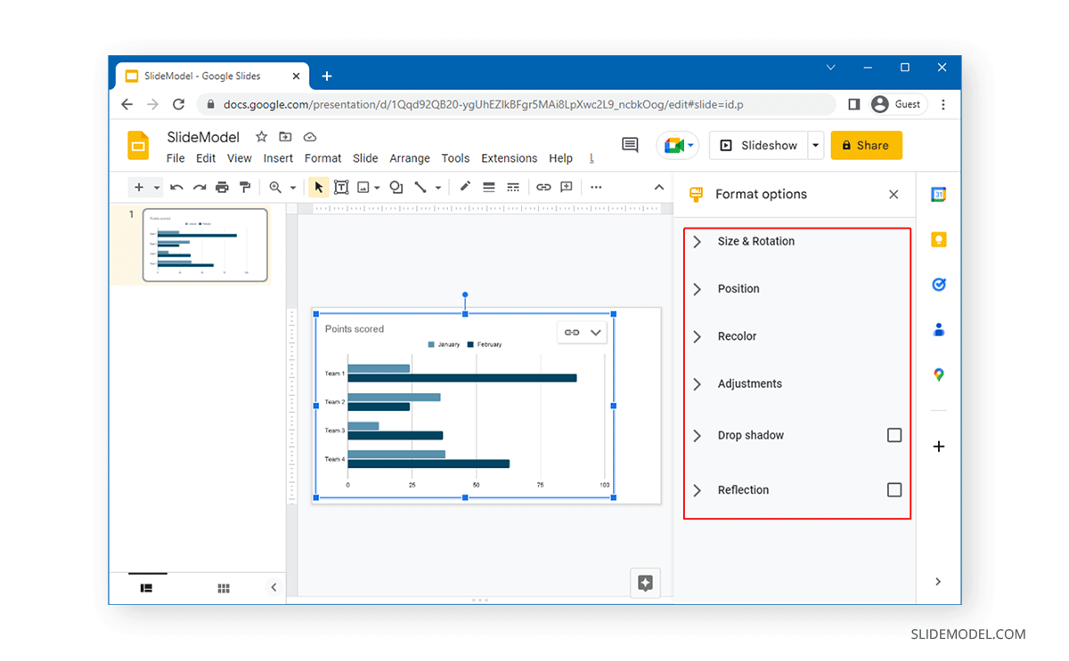 Format options available for charts in Google Slides