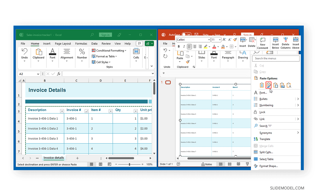 Copy & paste a table in PowerPoint