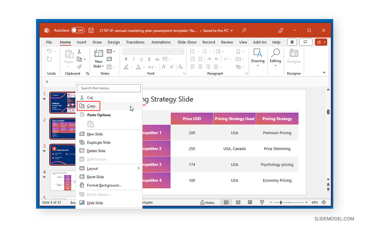 Copy slides to merge PowerPoint presentation