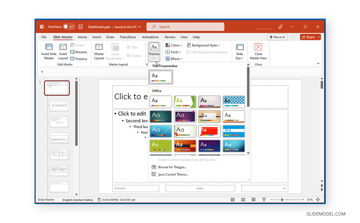 Edit theme style in Slide Master in PowerPoint - Edit theme style across all the slides in a presentation using PowerPoint Slide Master view