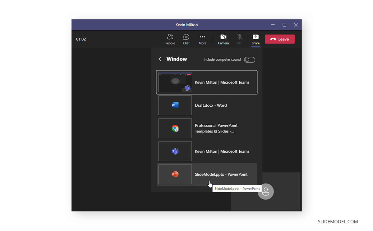 Selecting window to share in Microsoft Teams