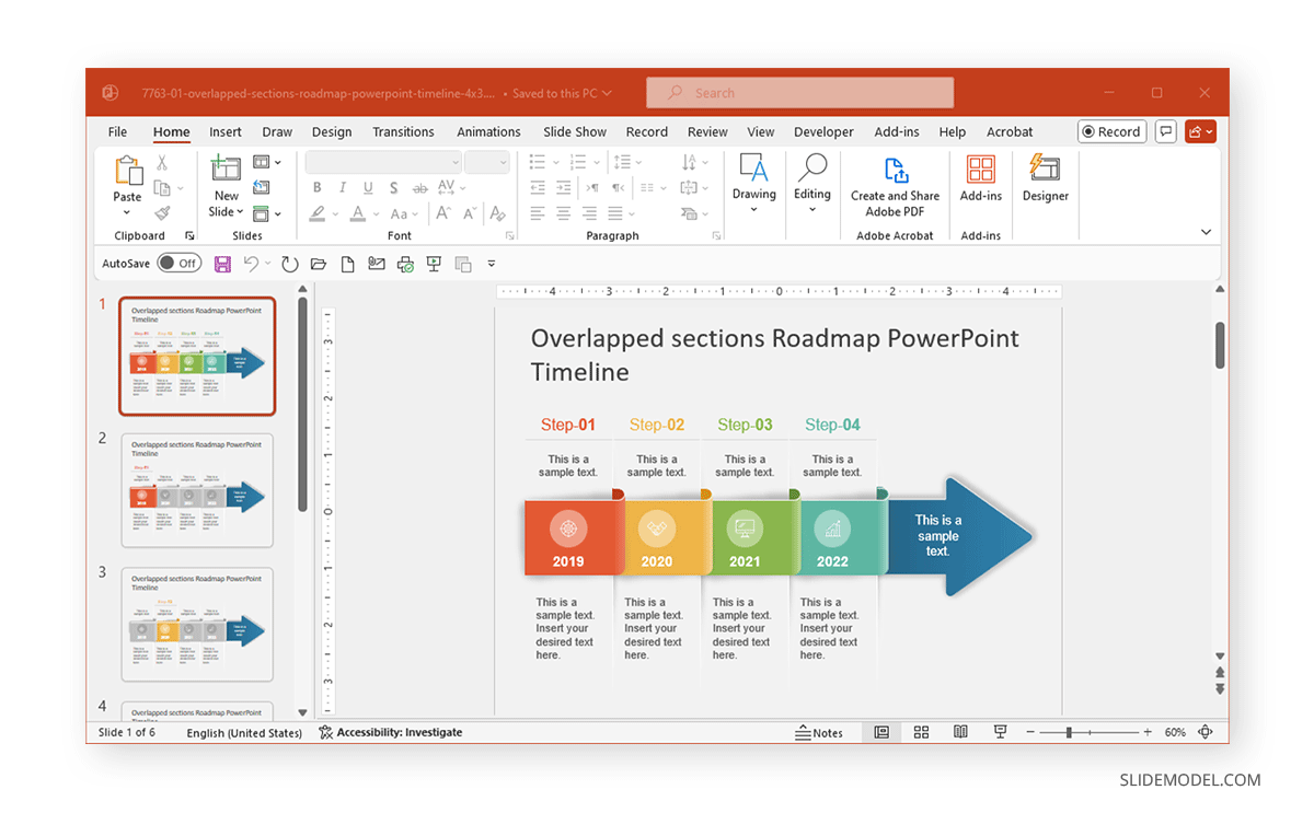 Overlapped 4-Column Sections Roadmap in PowerPoint