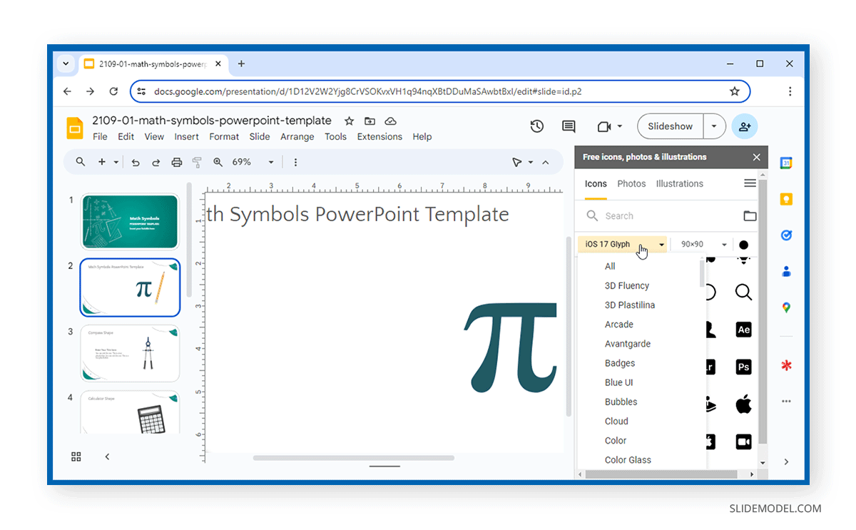 Browsing for icons at Flaticon Google Slides extension