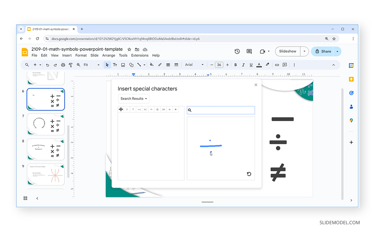 Drawing to find a special character in Google Slides