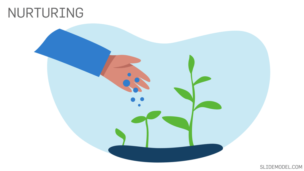 The Nurturing & Follow Up Stage with an image of a man nurturing a plant metaphor.