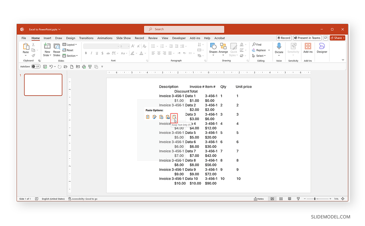 Pasted Excel table in PowerPoint using Keep Text Only option