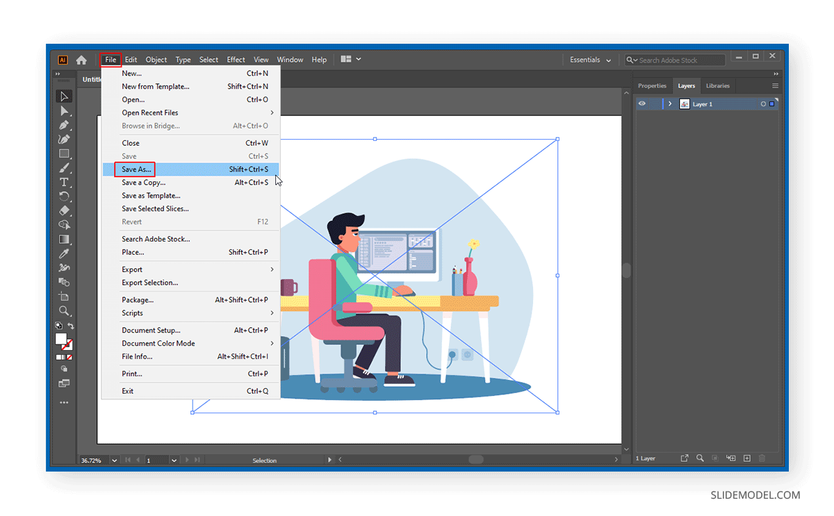 Locating the Save As option in Adobe Illustrator