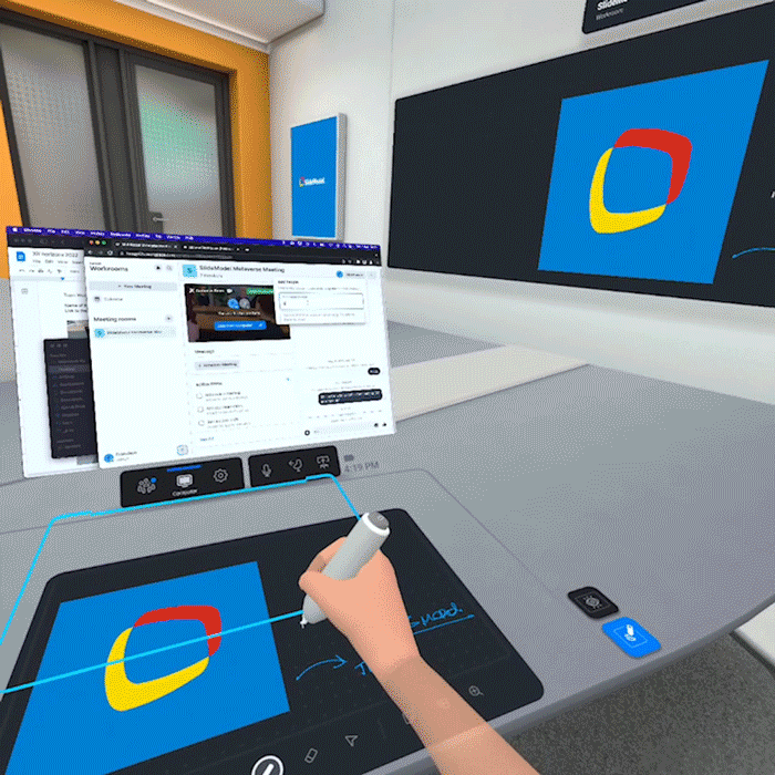 room customization and hand gesture usage with screen mirroring in Horizon Workrooms by SlideModel