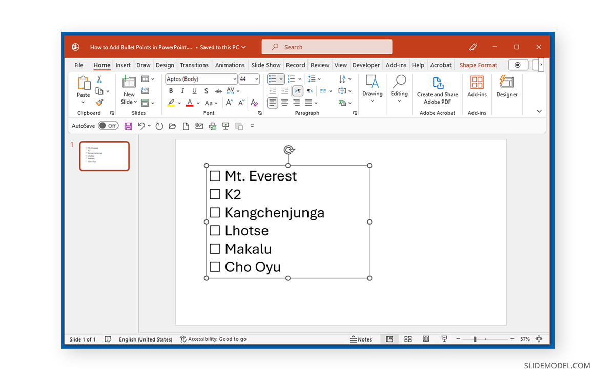 End result of custom bullet point in PowerPoint
