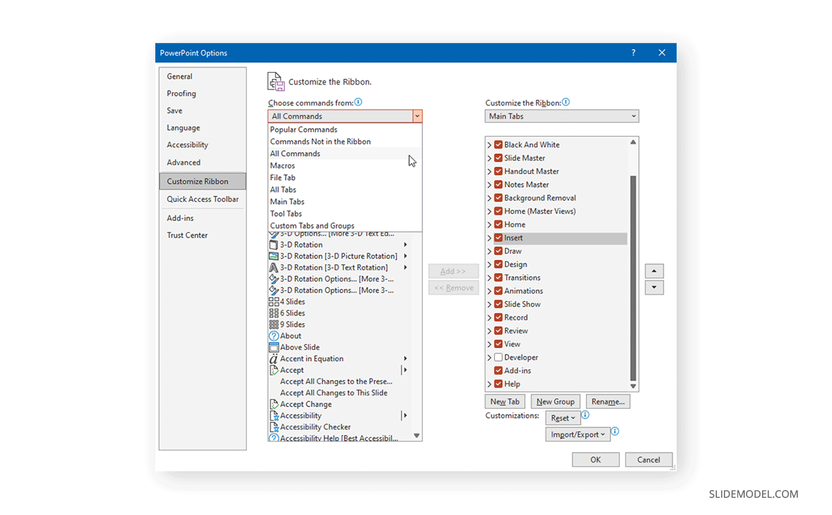 Locating the All Commands option in the ribbon customization menu