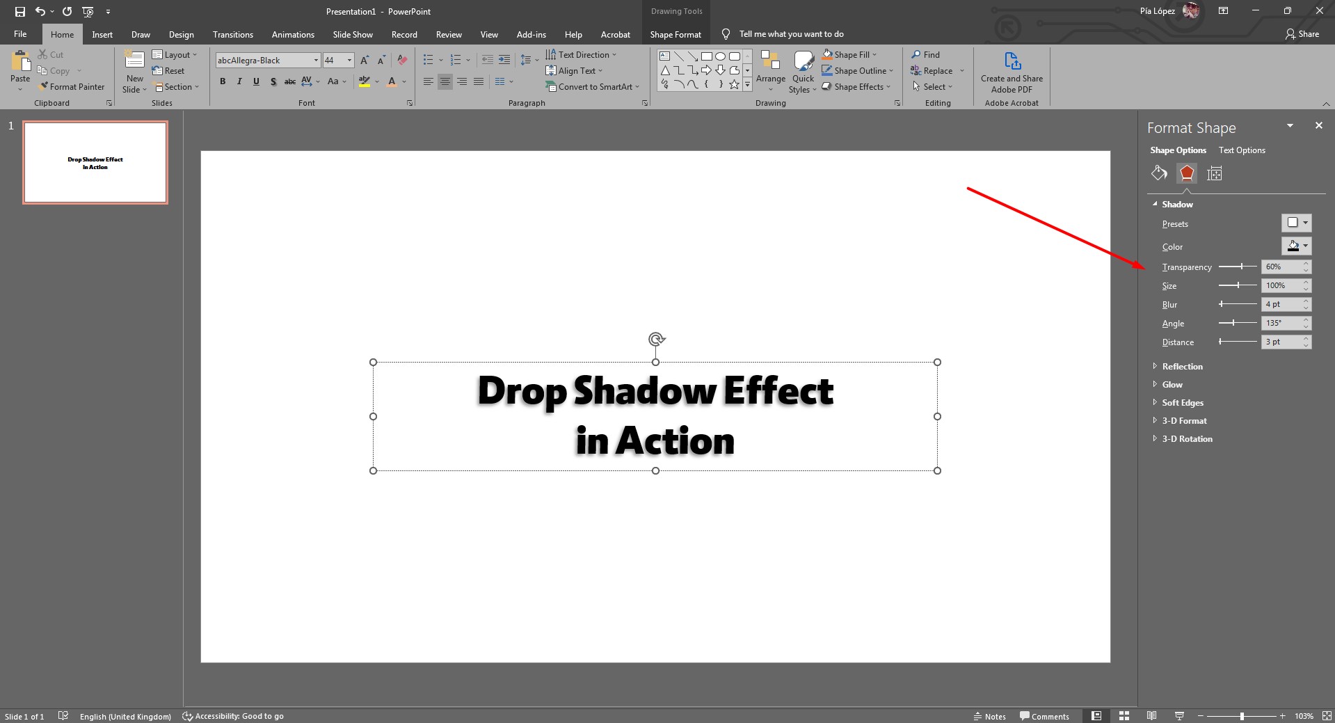 text with applied text shadow in PowerPoint