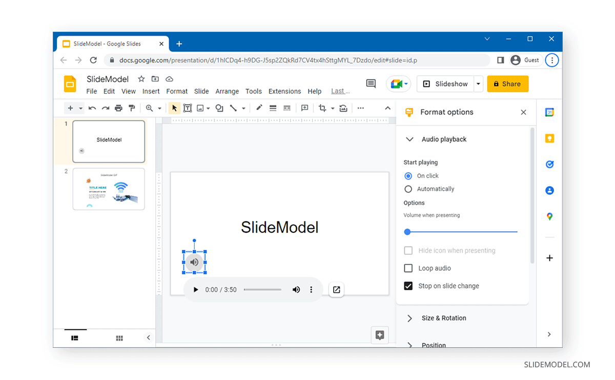 Adjusting audio playback settings in Google Slides