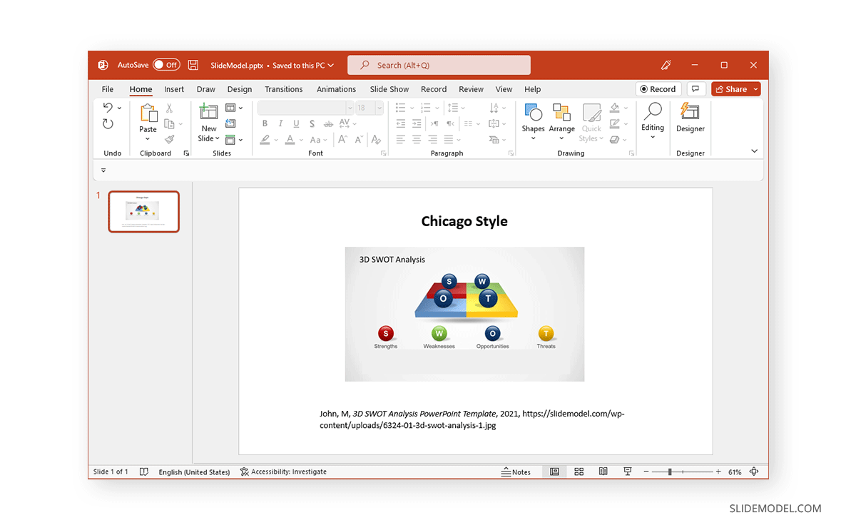Chicago citation referencing style for images in PowerPoint