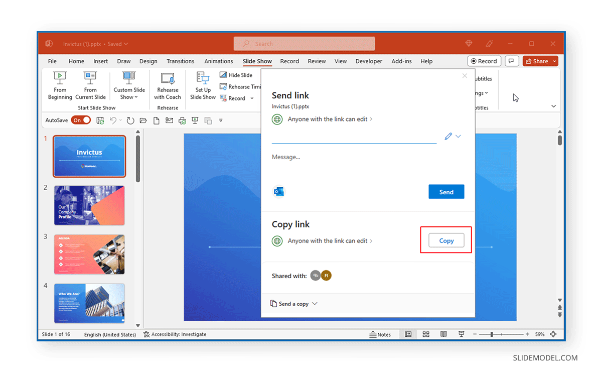 Copy PPT presentation link via Send Link