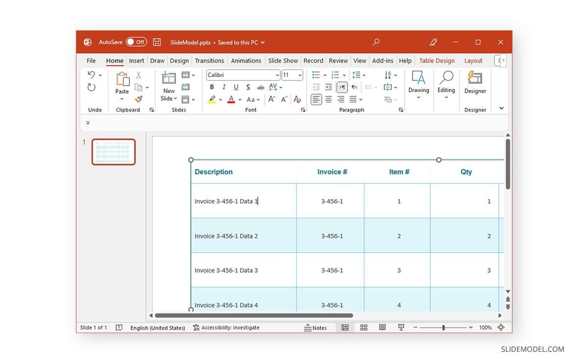 How to enter data in a PowerPoint table