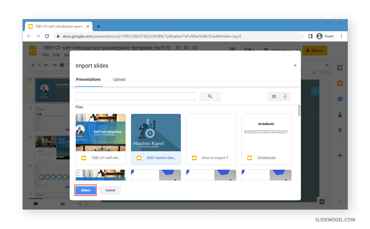 Selecting which slides to import in Google Slides