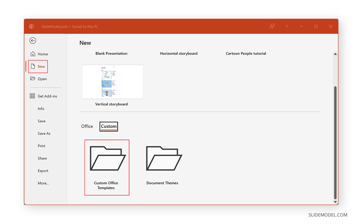 Open custom template in PowerPoint