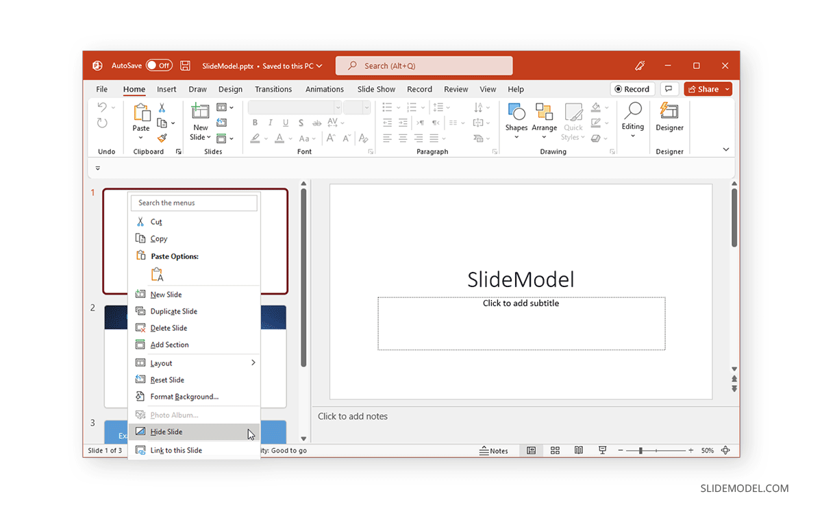 hide a slide in PowerPoint via context menu