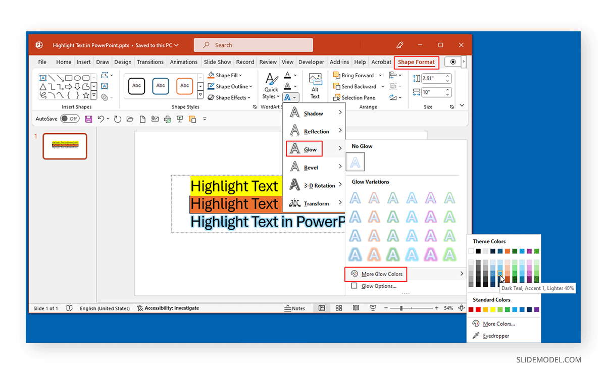 Text glow options in PowerPoint