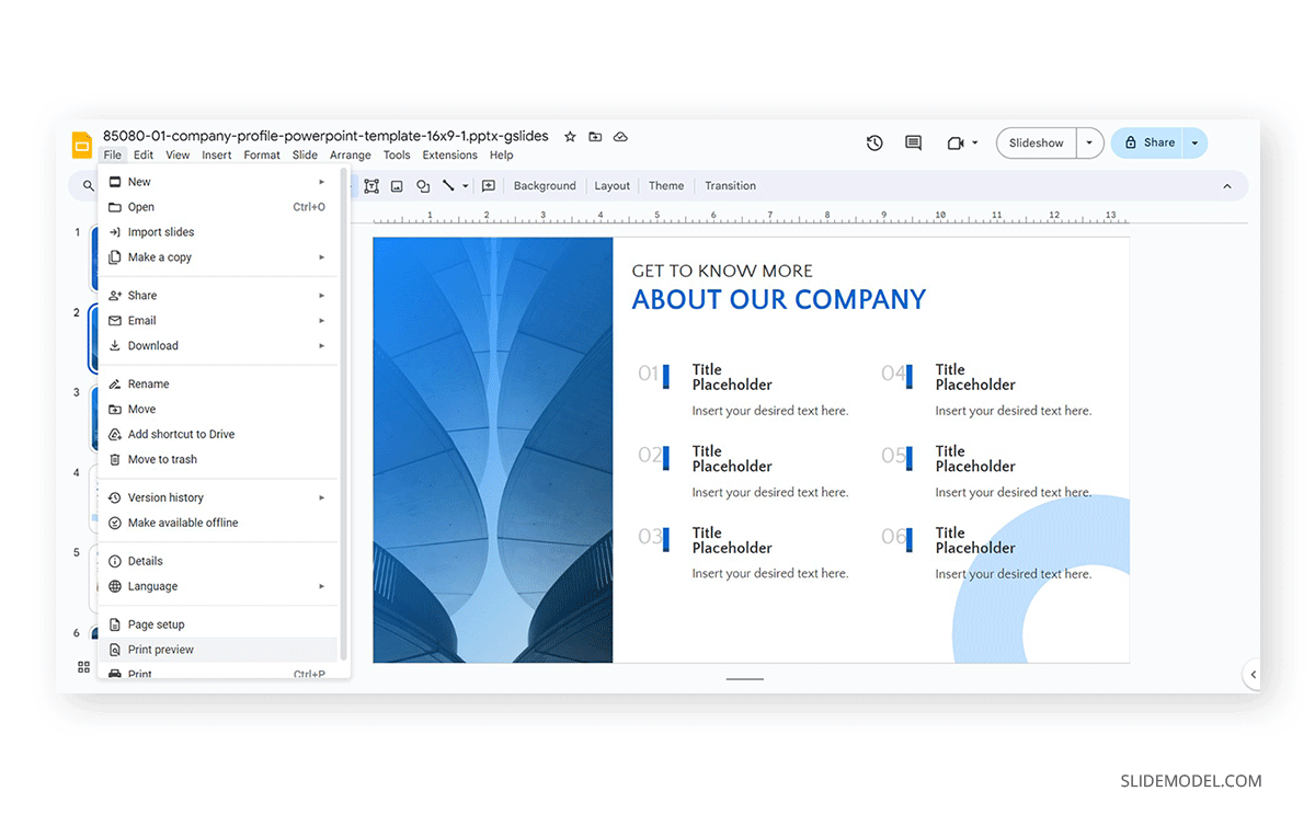 Accessing the Print Preview options in Google Slides