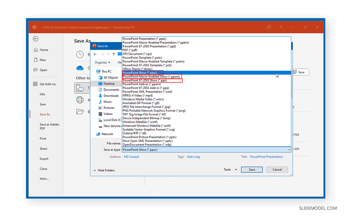 Saving a presentation as PPS file