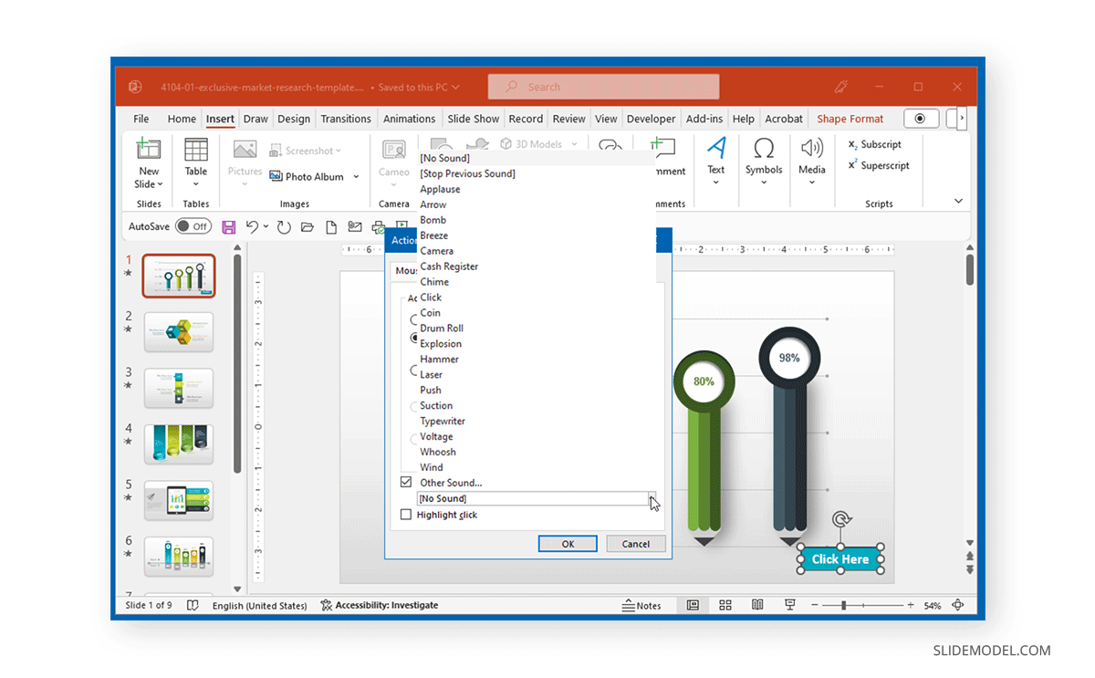 Adding sound effects to an action button in PowerPoint