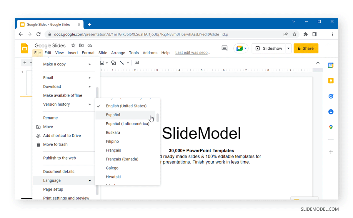 Set proofing language in Google Slides