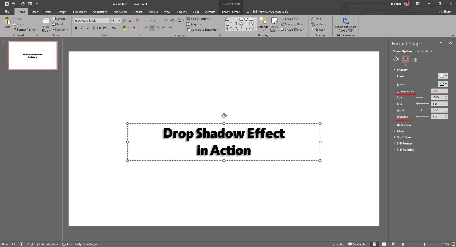 apply text shadow in PowerPoint with increased transparency