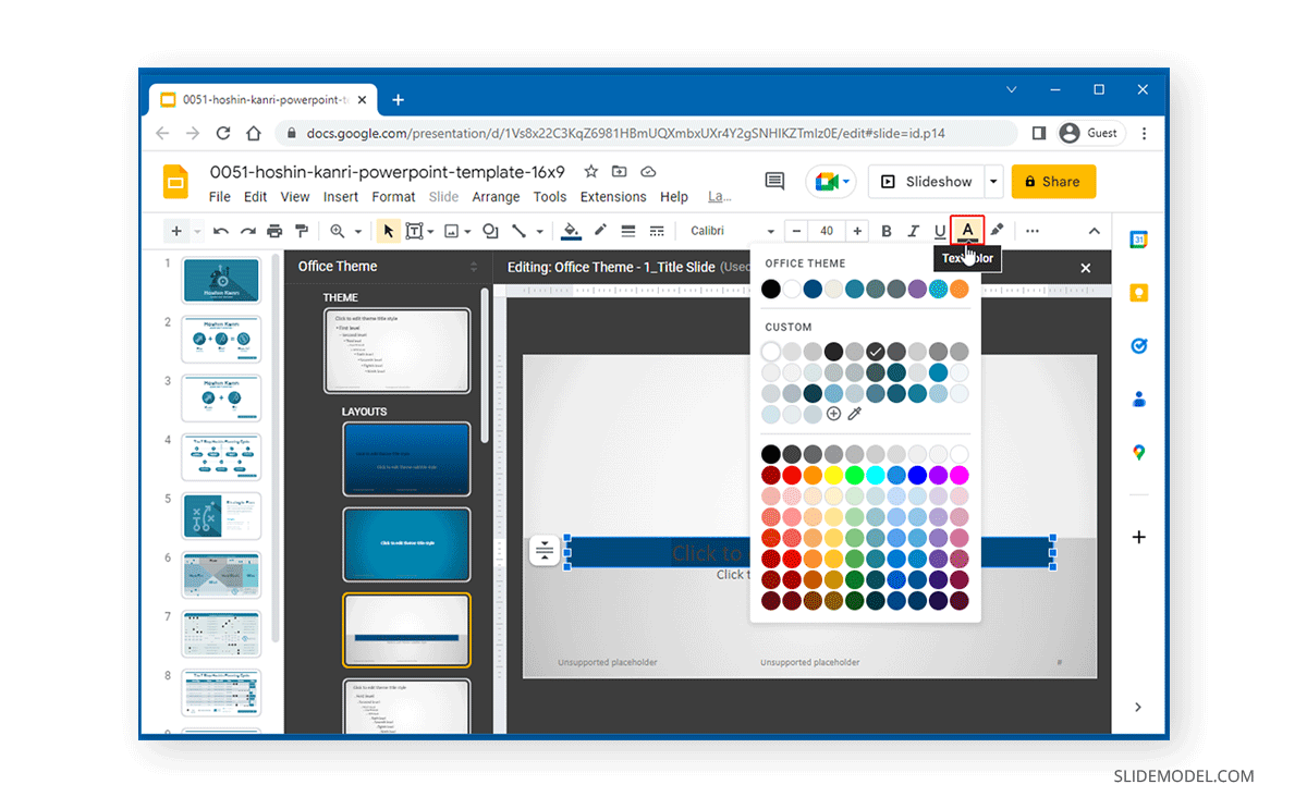 Selecting new font color in Google Slides theme