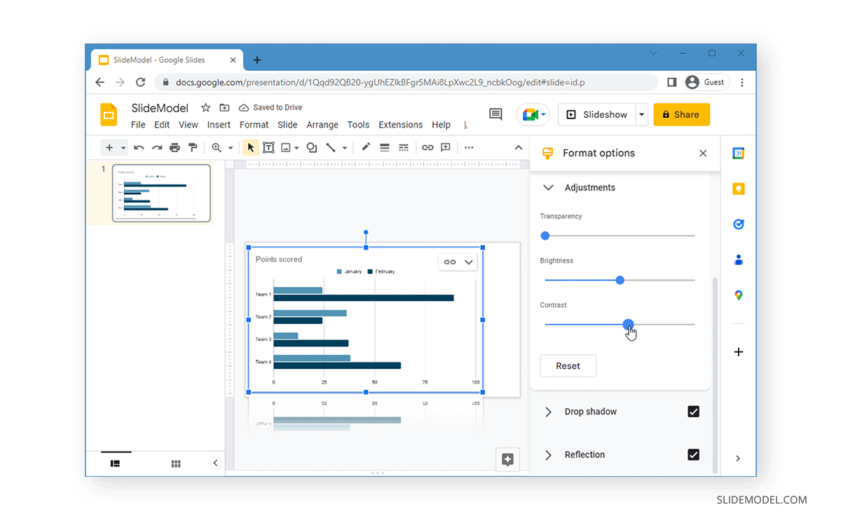 Accessing drop shadows, reflection and other advanced adjustments in Google Slides