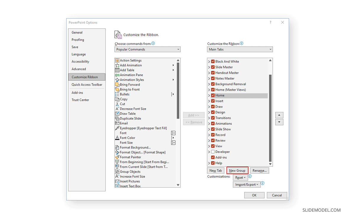Creating a new group in PowerPoint's ribbon