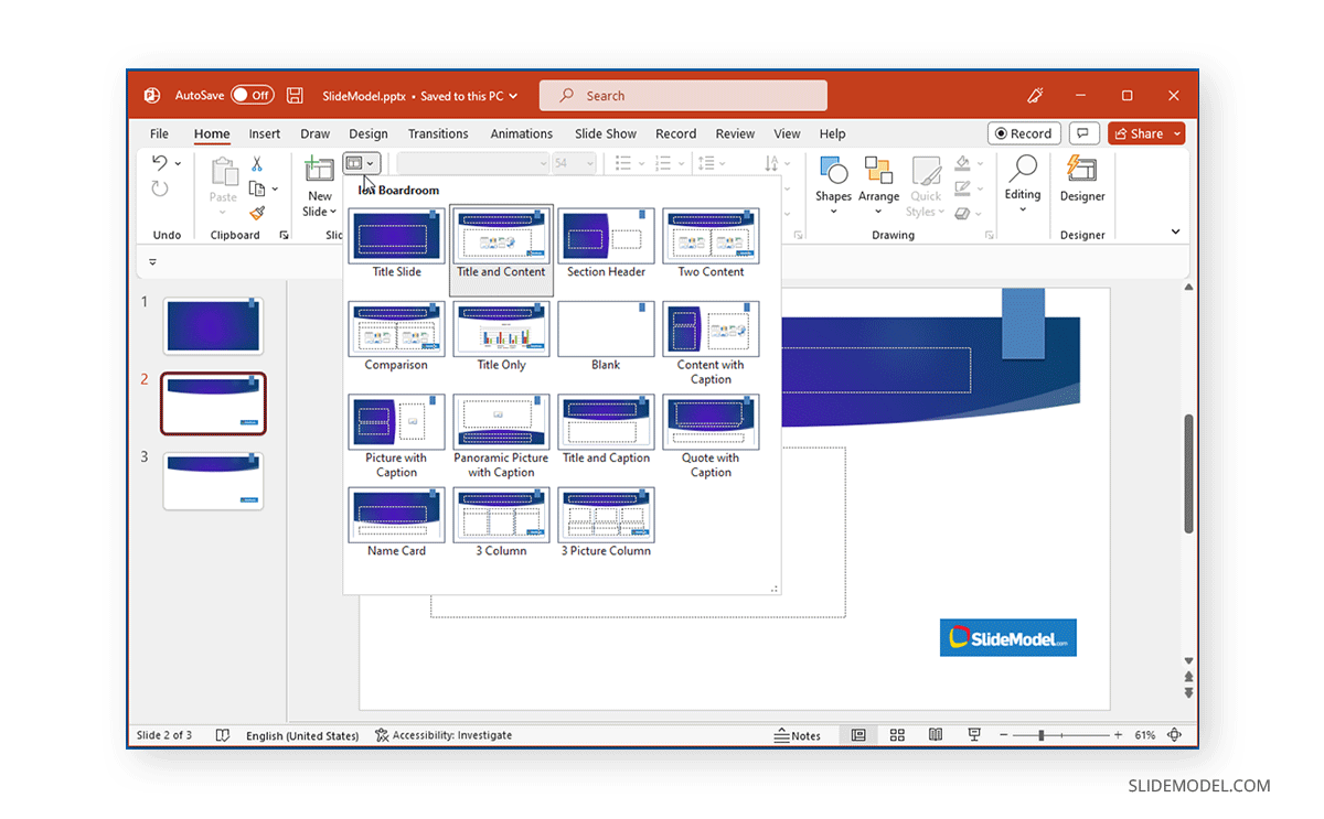 Creating a new slide from Slide Master in PowerPoint - Switching slides with the help of pre-defined slide layouts configured via Master Slide in PowerPoint