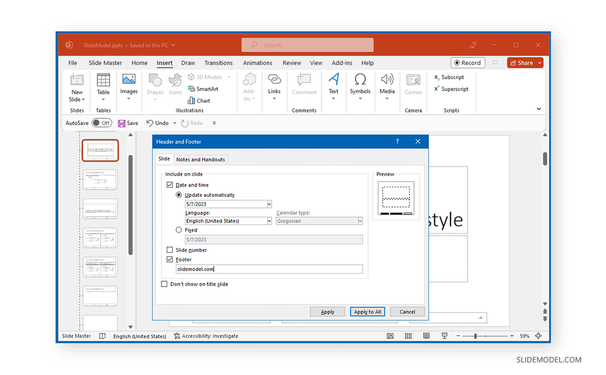 Header and Footer options in SlideMaster