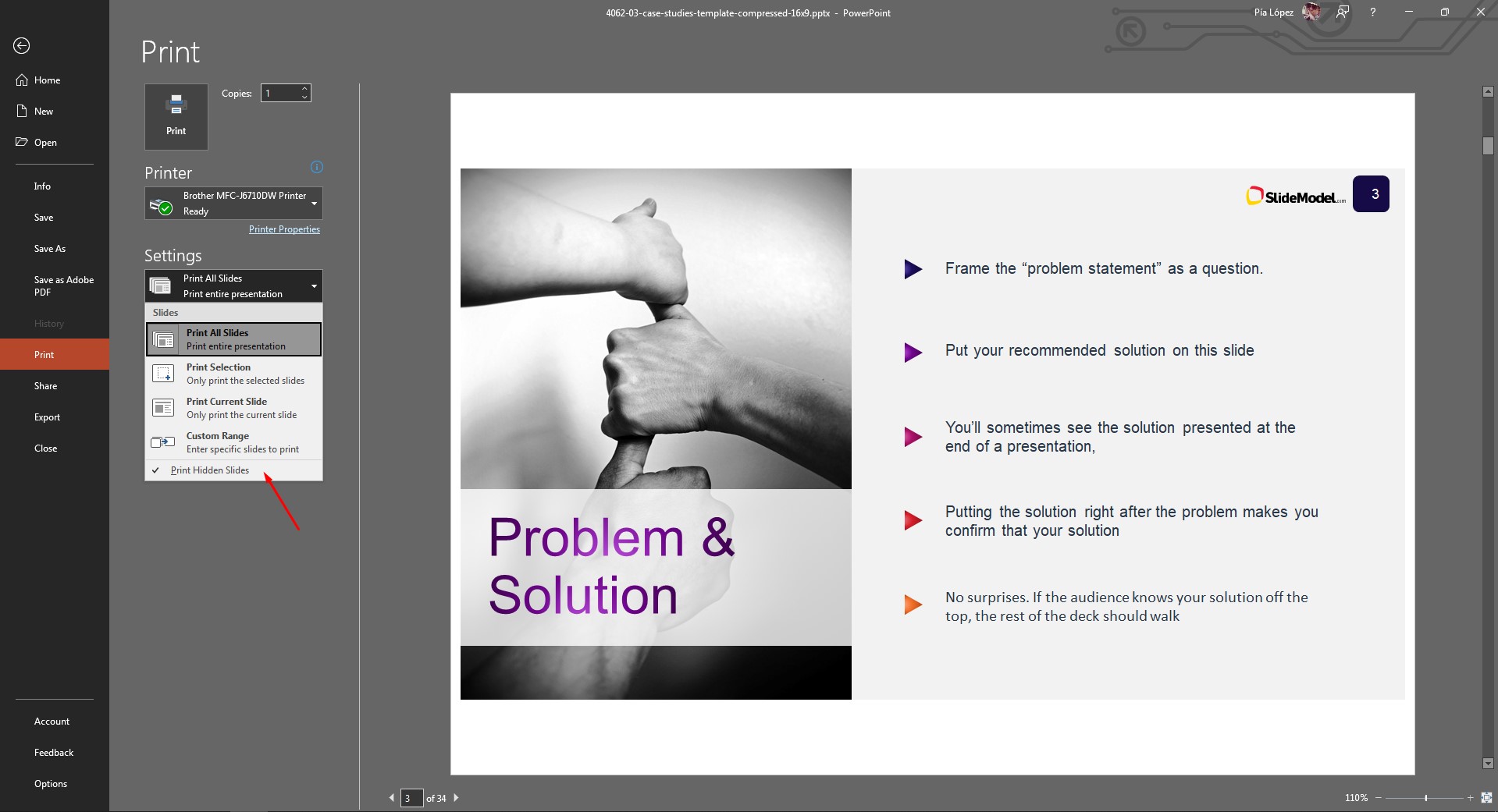 option for printing hidden slides in PowerPoint