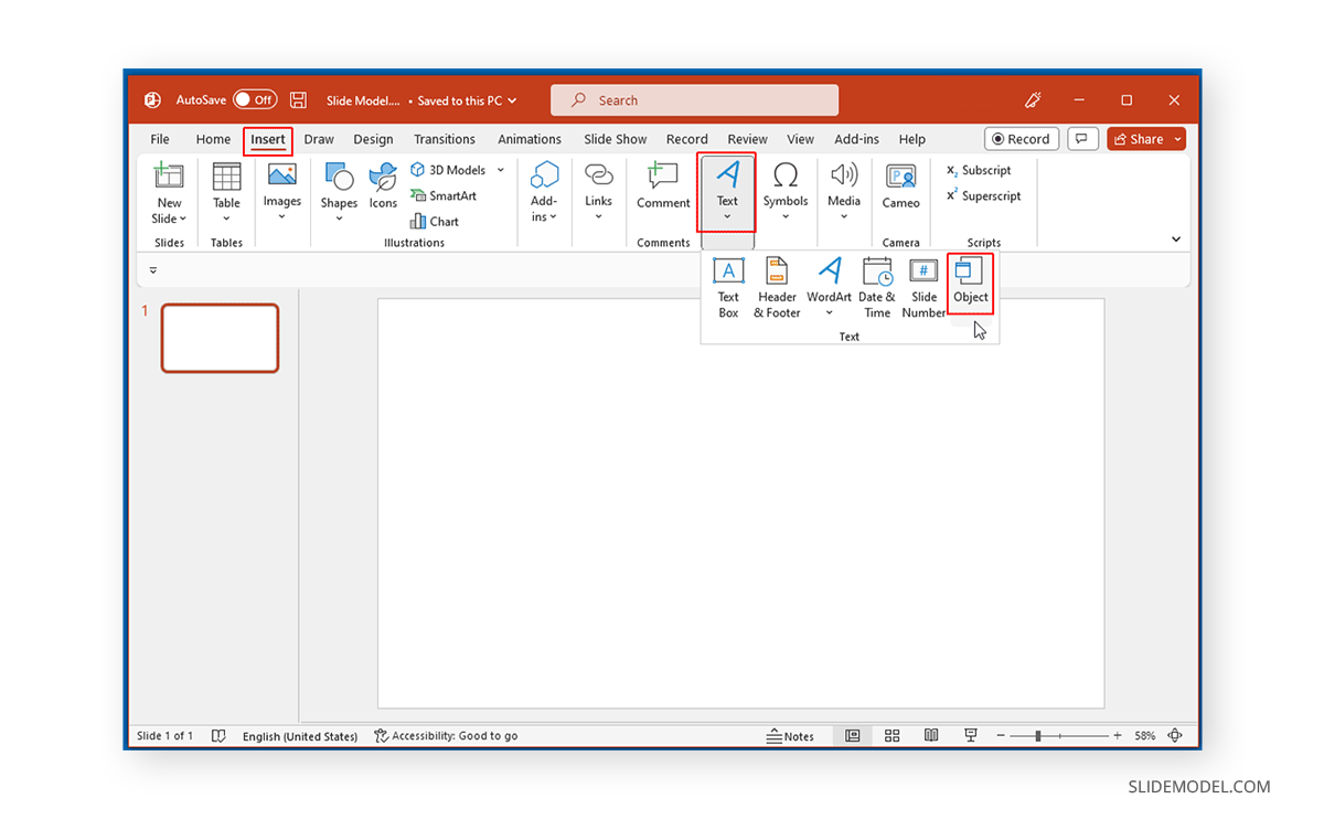Inserting an object in PowerPoint