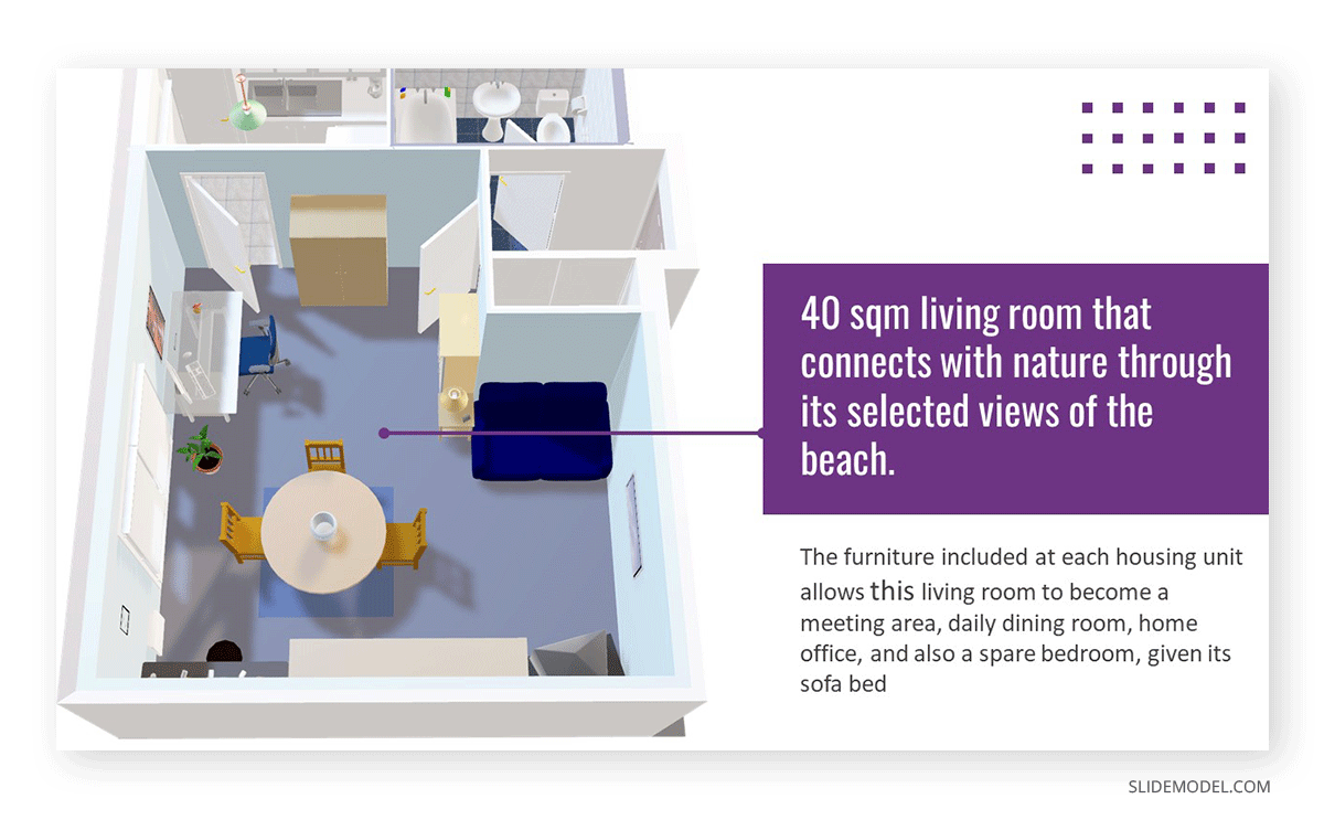 3D view of the multi-functional living room area