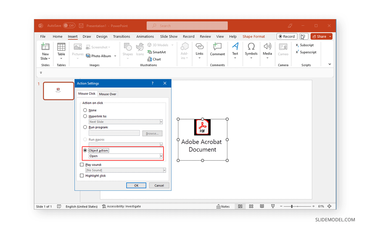 Object icon action in PowerPoint