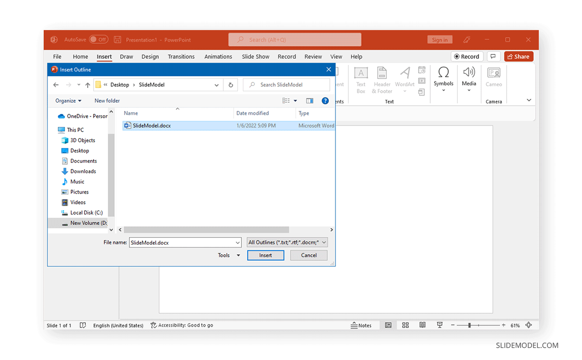 selecting Word file to import outline in PowerPoint
