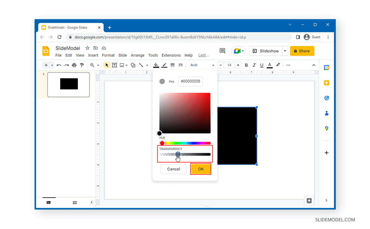 Selecting hue and transparency for shapes in Google Slides