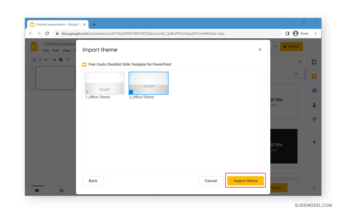 Selecting and importing a theme into Google Slides