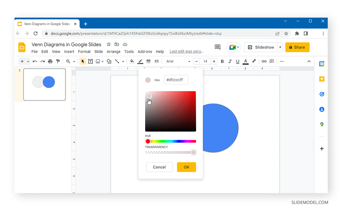 adjusting custom hex value and transparency in venn diagrams made in google slides with shapes