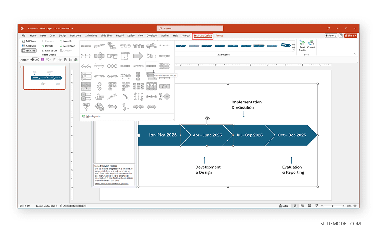 Choosing a new timeline design in PowerPoint SmartArt