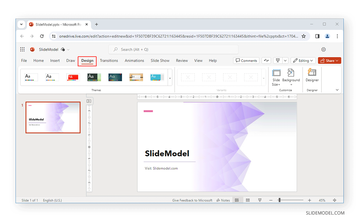 Design tab in PowerPoint Online
