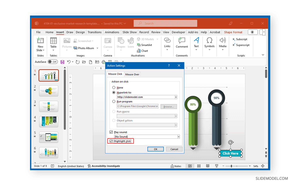 Highlight on click option for PowerPoint action button